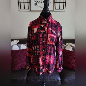 BURBERRY Black-Red 100% Silk Button Down Blouse Sz S Made In Italy Designer Boho